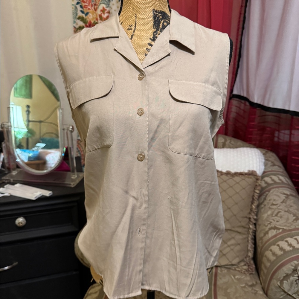 J.O.A. Beige Sleeveless Button-Down Shirt